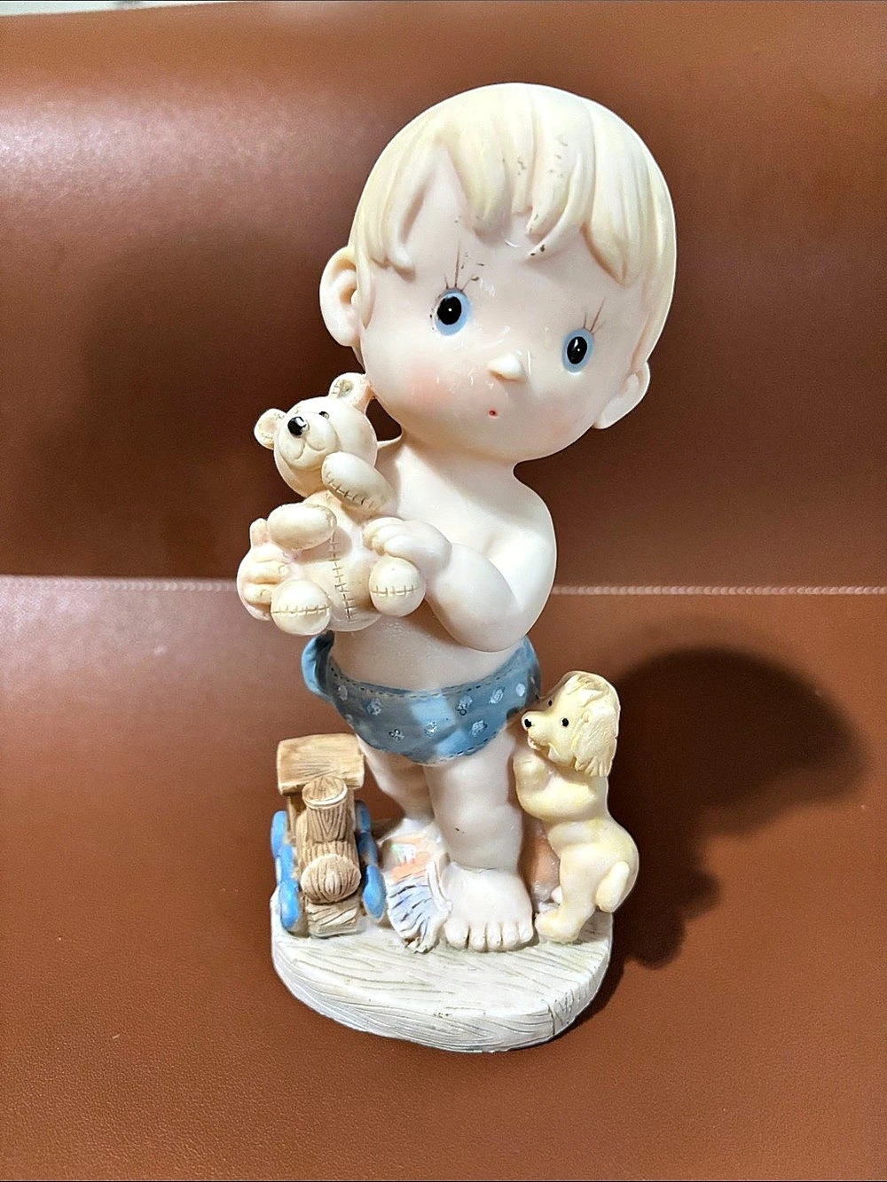 Vintage Decorative Baby Figurine Train Bear Puppy Signed Vinyl Plastic Nursery